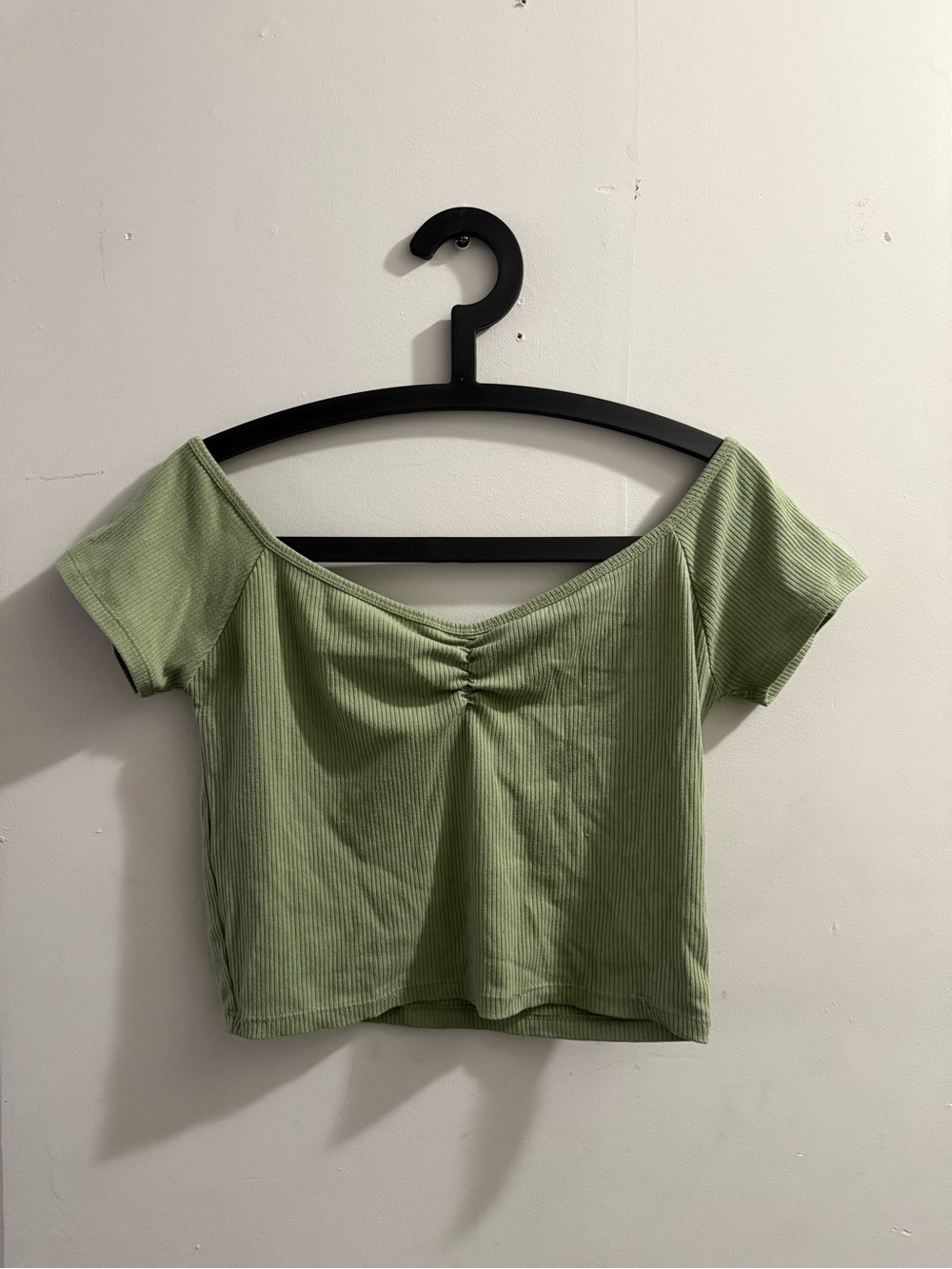 American Eagle Sage Green Ribbed Off-Shoulder Crop Top